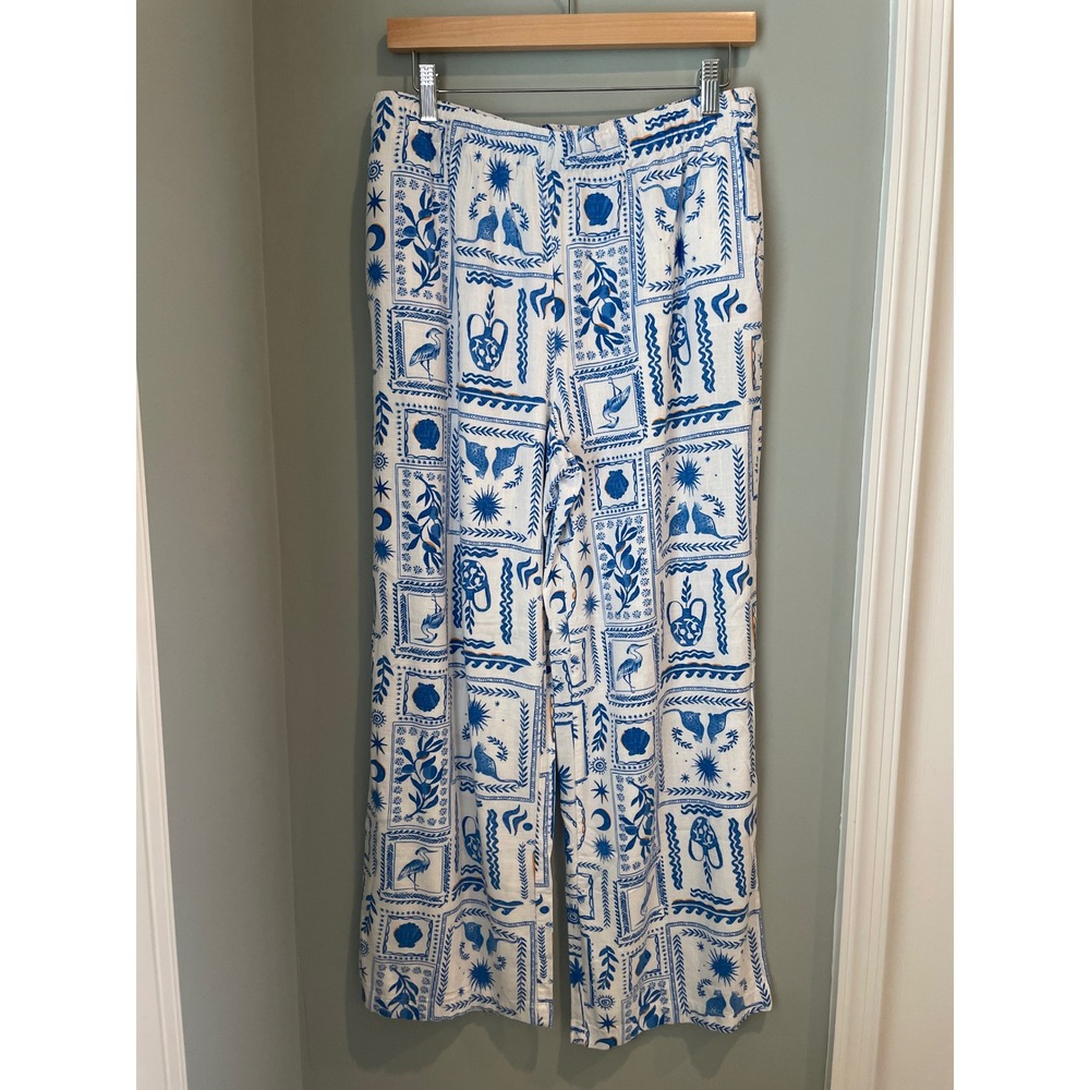 Sincerely Jules Blue White Tile Print Wide Leg Linen Blend Pants Womens Large